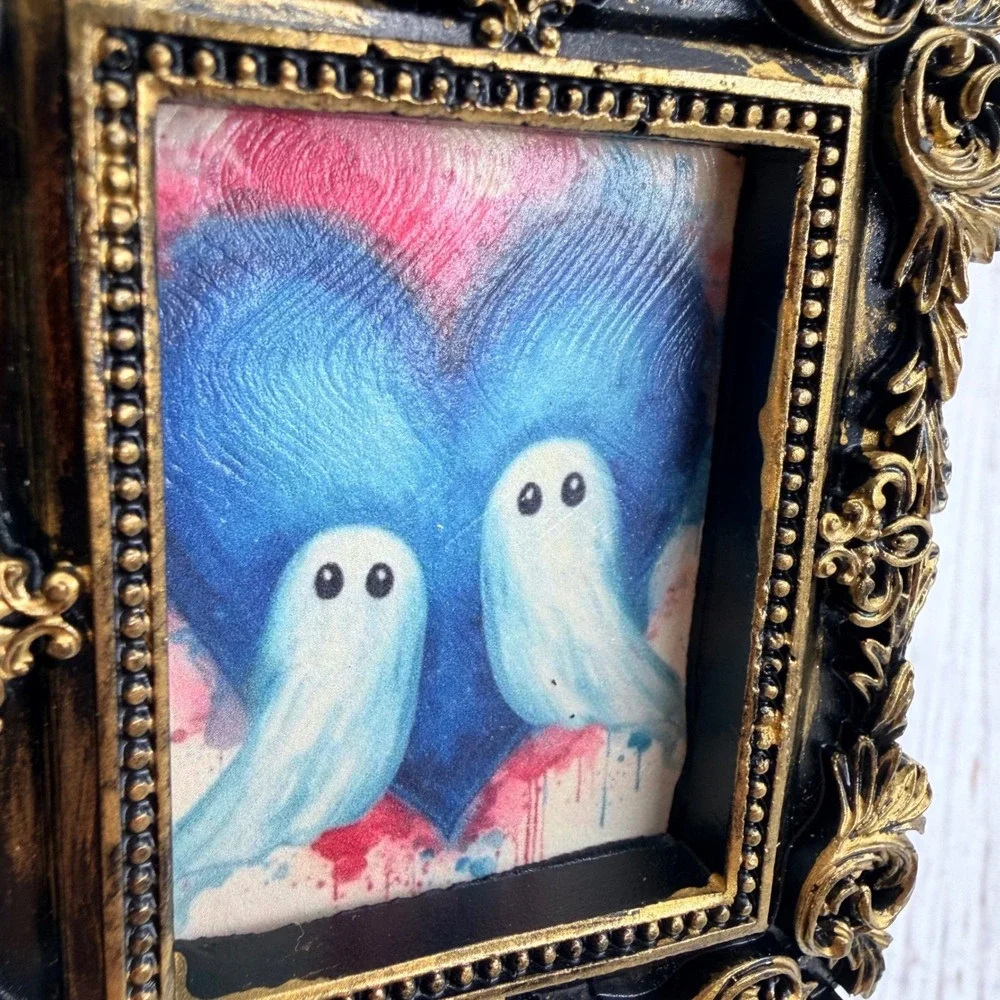 Handmade Ghost Heart Decoupage Art Ornate Gold Black Resin Frame Mini